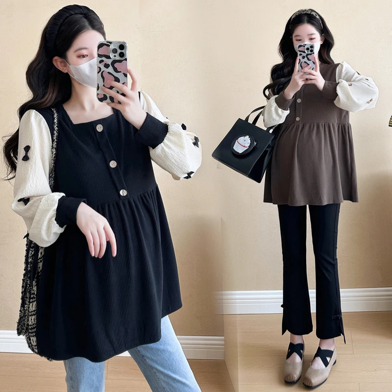 Autumn Winter Sweet Fashion Shirts for Maternity Elegant A Line Loose Blouse for Pregnant Women Patchwork Pregnancy Tops