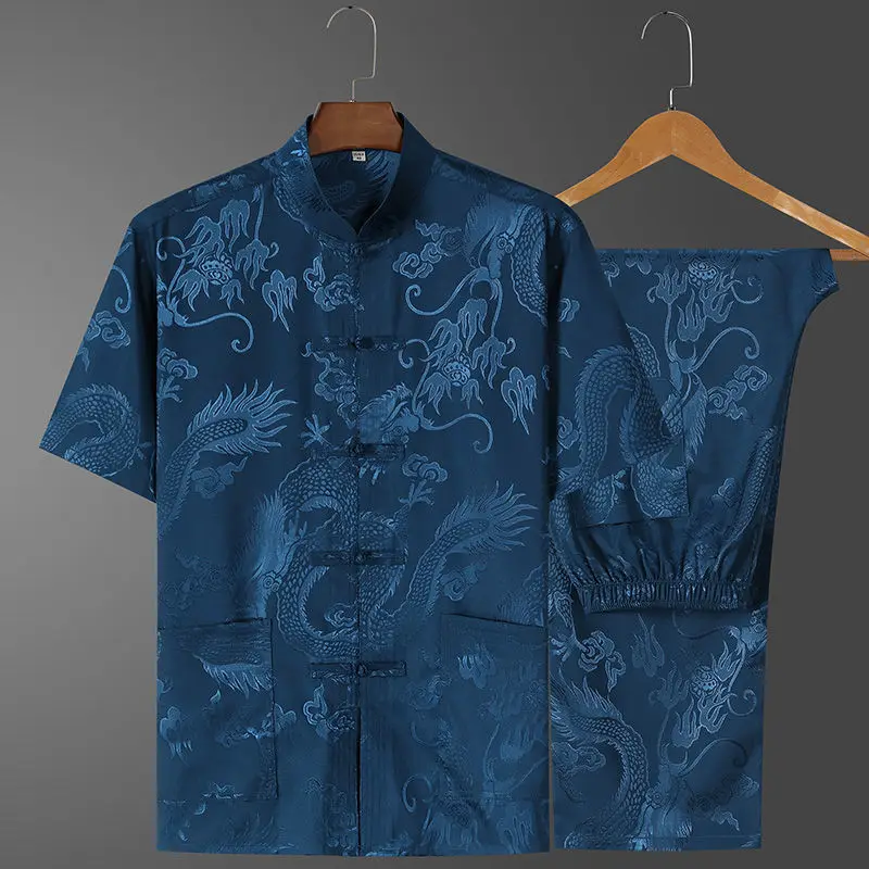 Chinese Stand Collar Tang Suit chinese men hanfu top Men Short Sleeve Vintage Hanfu Clothing Hand Button Cheongsam Casual Dragon Kong Fu Clothes