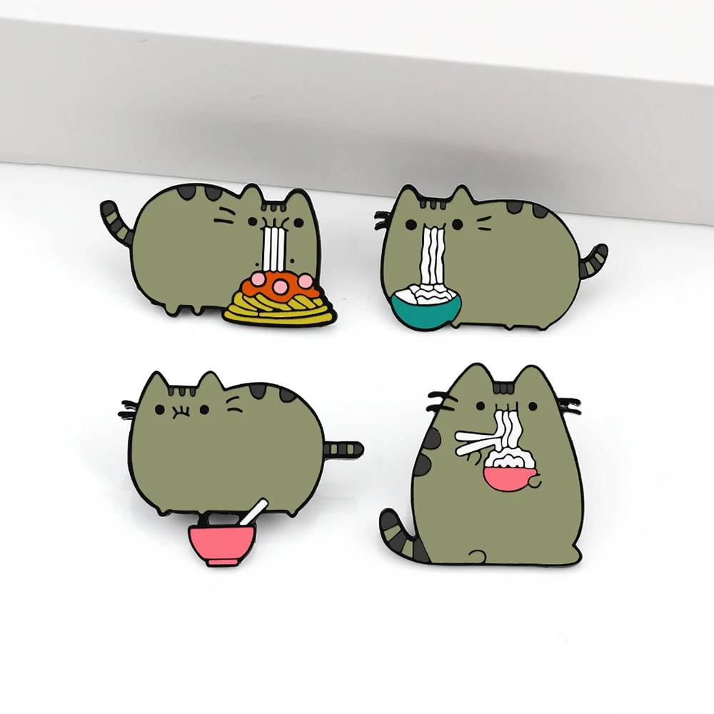 Cute Grey Fat Cats Brooch Cartoon Animals Kitten Eating Noodles
