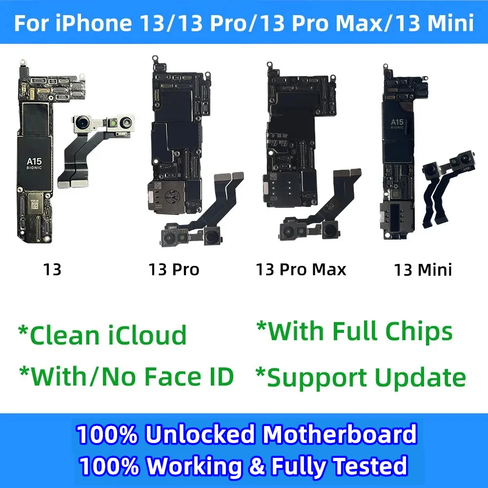 

Fully Tested For iPhone 13 pro max Motherboard with Face ID unlocked Support Update mainboard Clean iCloud 13 mini Logic Board