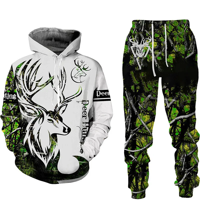 

Moose Deer Hunter Outdoor Camouflage Hunting Mens Clothing Suit Unisex Hoodies Jogging Pants 2pcs Set Women Tracksuit Size S-6XL