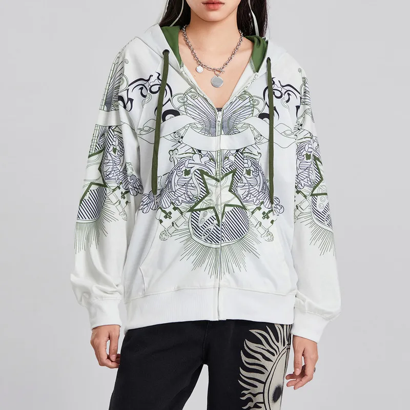 Women Gothic Guitar Zip up Hoodies Spring Autumn Vintage Clothes y2k 2000s Long Sleeve Hooded Sweatshirt Jacket Streetwear