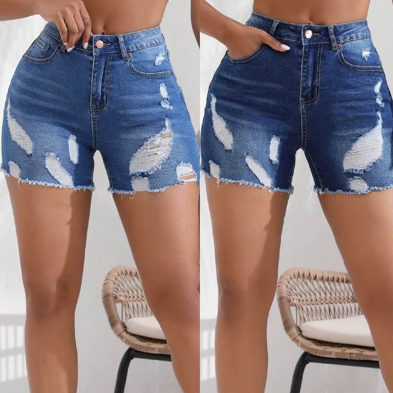 Women Summer Denim Shorts Ladies High Waist Stretch Jeans Ripped Hole Tassel Short Pants