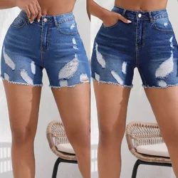 Women Summer Denim Shorts Ladies High Waist Stretch Jeans Ripped Hole Tassel Short Pants