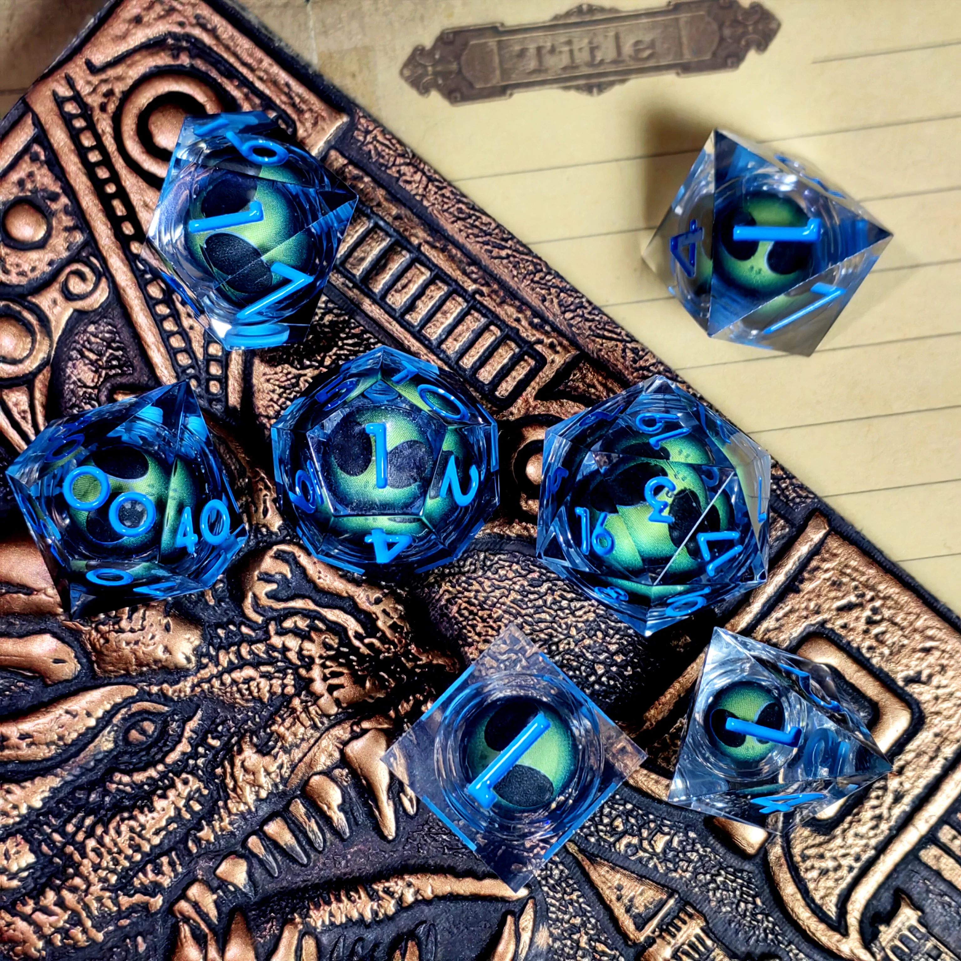 DnD Resin Dice Set with Spinning Dragon Eye Core, Blue Transparent Polyhedral Dice for Dungeons & Dragons, Tabletop RPG Games