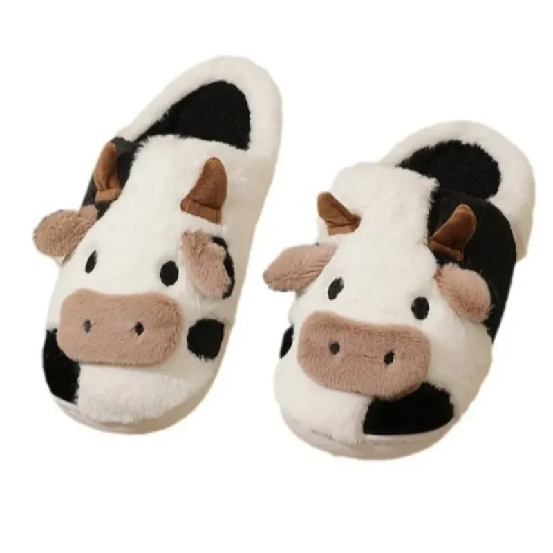 1-Pair Plush-Lined Winter Slippers with Cow Print - Non-Slip Indoor House Shoes for Couples, Unisex Soft  Cotton  Comfort