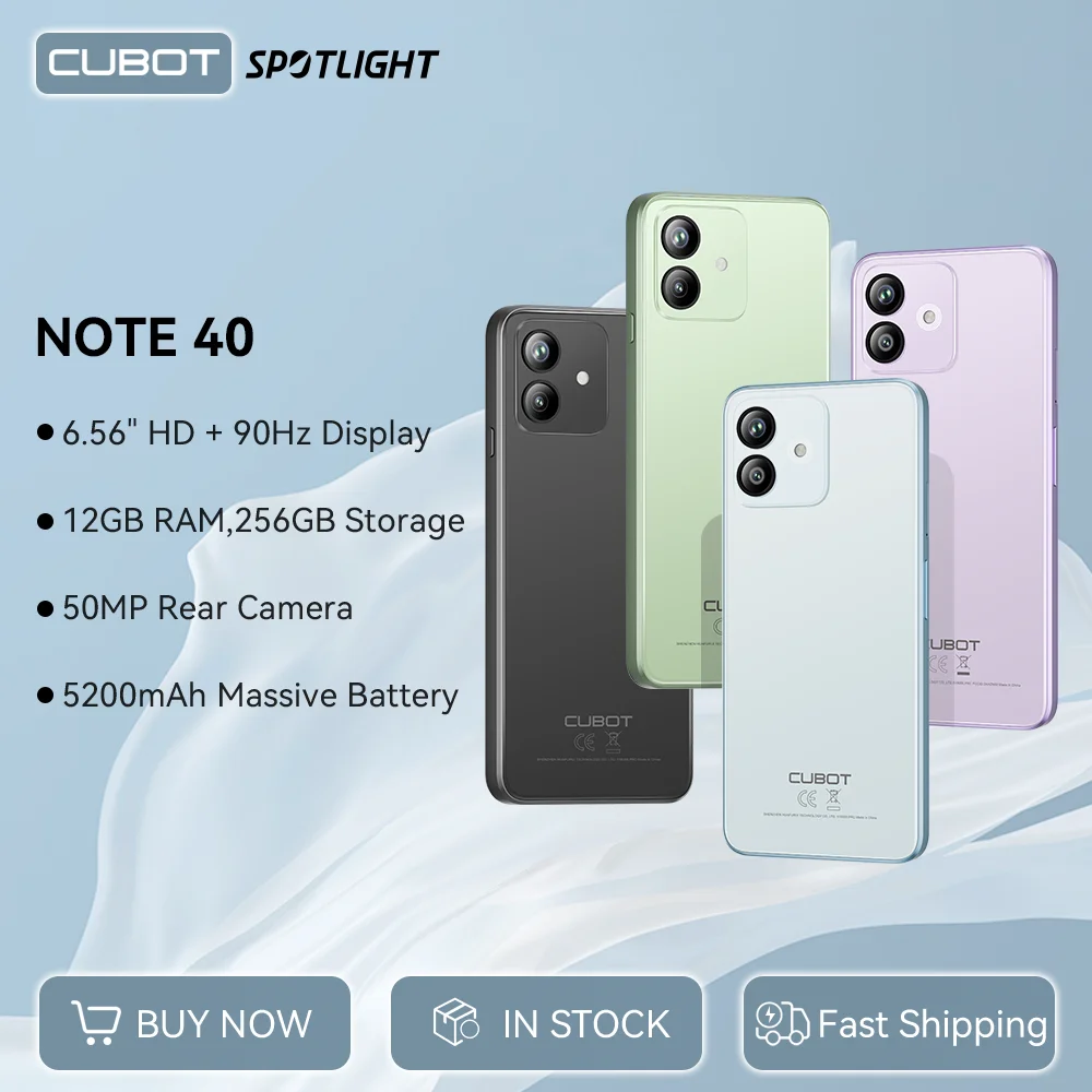 Cubot Note 40 Smartphone, 12GB RAM (6GB+6GB Extended) + 256GB ROM, 50MP Main Camera, 6.56" 90Hz Display, 5200mAh Battery, GPS