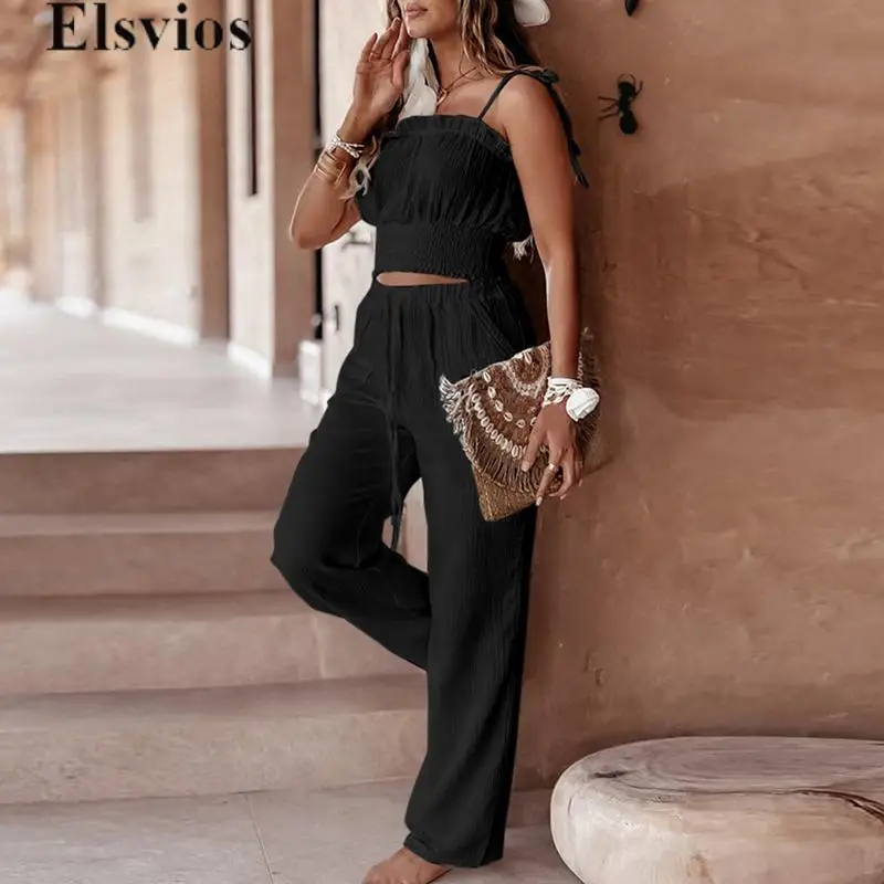 

Женский однотонный костюм с оборками, элегантный костюм из двух предметов с открытыми плечами, блузка с бантом на бретельках и брюки с высокой талией, 2024