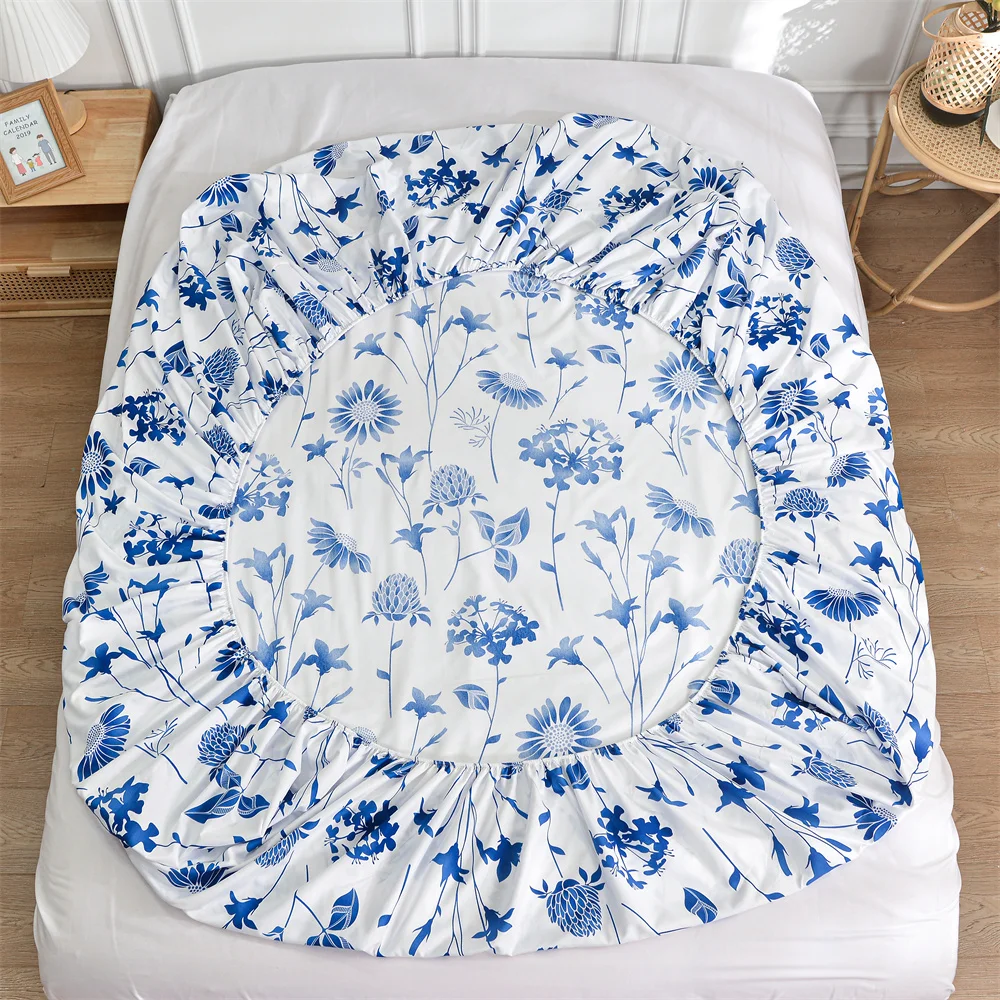 Twin Fitted Bed Sheet with Elastic Blue Flower Printed Bed Cover Single/Queen/King Bed Linen Reactive Printed Mattress Cover 180 5