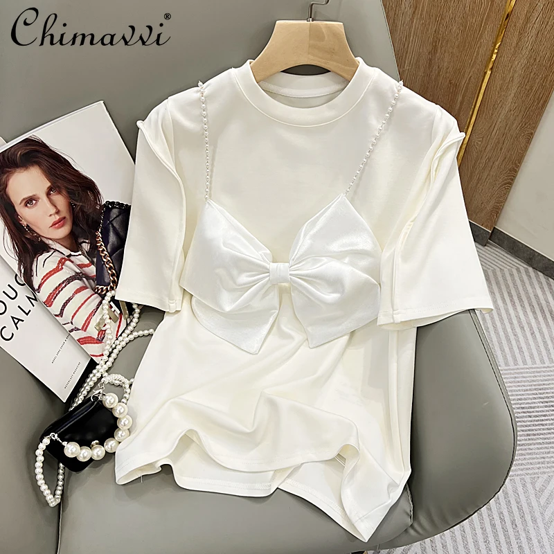 

2022 Spring and Summer New Fashion Temperament Beaded Chain Top Three-Dimensional Bow Round Neck Short Sleeve T-shirt for Women