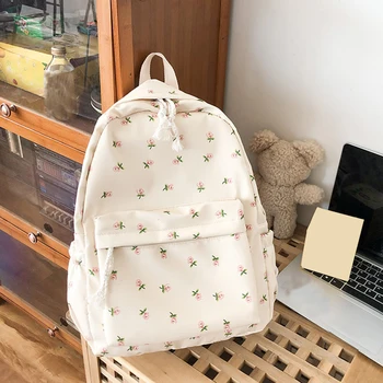 Zaino floreale in nylon versione coreana Zaino da scuola con fiori alla moda Zaino da viaggio per scuola media 1
