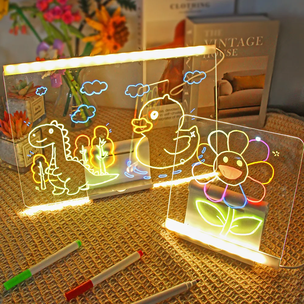 LED 빛나는 드로잉 보드 어린이 라이트 업 낙서 그림 패드 아크릴 메시지 보드 형광 다채로운 펜 룸 장식