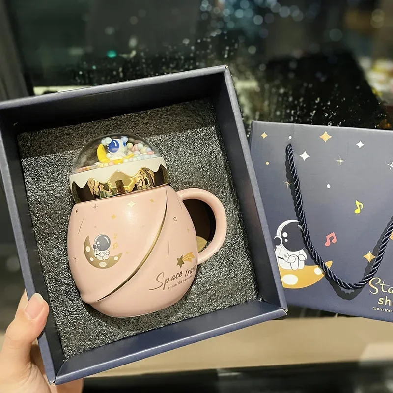 우주 비행사 시리즈 우주 머그잔, 커버 스푼 포함, 세라믹 커플 물컵, 소녀 선물 세트, 남자 친구 선물