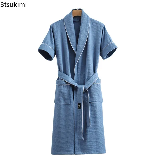 104623-28c5d4.jpg Nouvelles Robes de Chambre en Gaze de Coton Pur pour Couples Été – Peignoirs Fins à Manches Courtes, Robes de Nuit, Tenues d'Intérieur, Couleur Unie, Peignoirs d'Hôtel