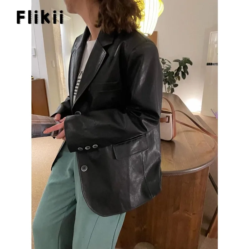 

Women Vintage Office Lady Notched Collar Solid Leather Long Sleeve Blazers 2023 Winter Casual Single Button Long Tailored Coat