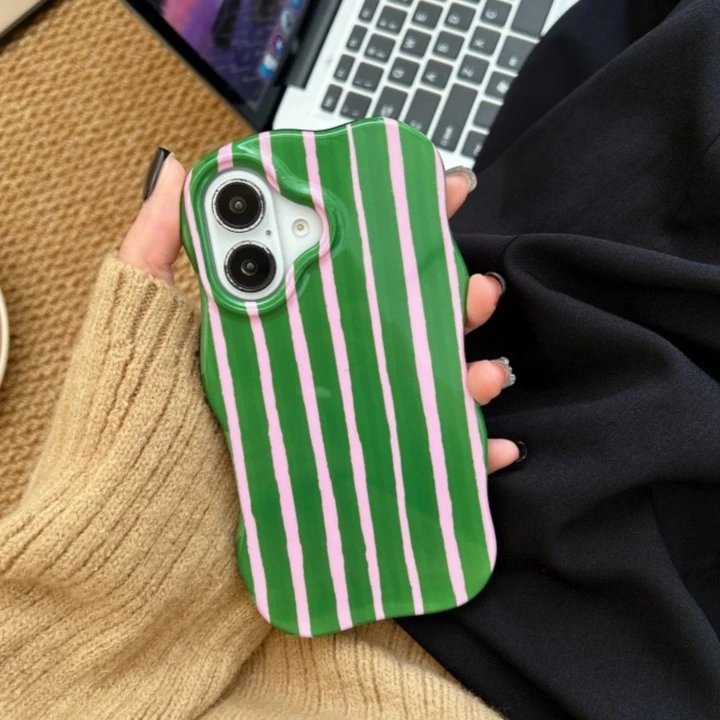 Fashionable Glossy Striped Phone Case with Wave Edge Design