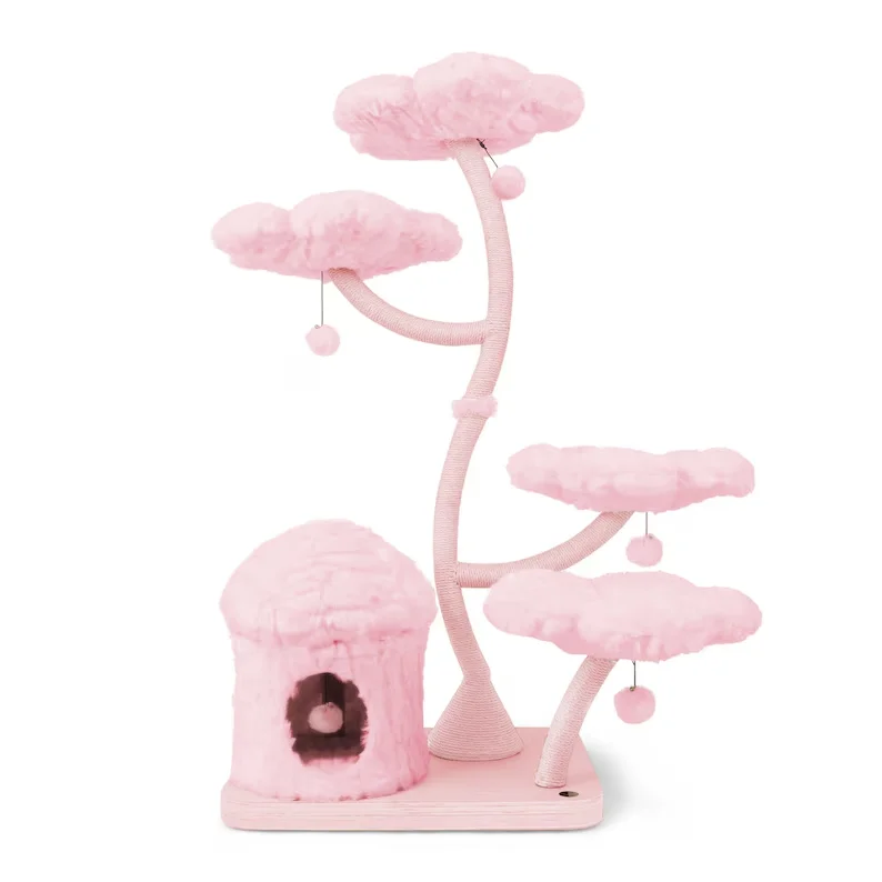 Luxury Cute Multi-layer Pink Wood Floral Cat Tree Tower Modern Cat Climbing Flower Condo Tree With Sisal Scratching Post