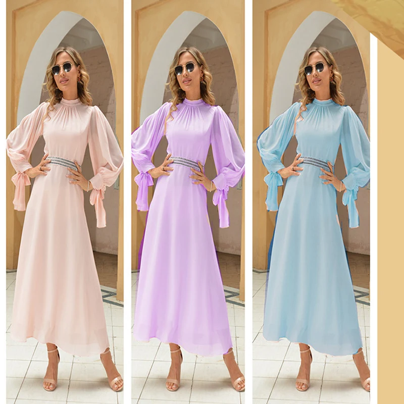 Middle East Mslalb Dubai Women's Long Sleeve Chiffon Dress Muslim Fashion Vestidos Elegantes Para Mujer Abayas for Women