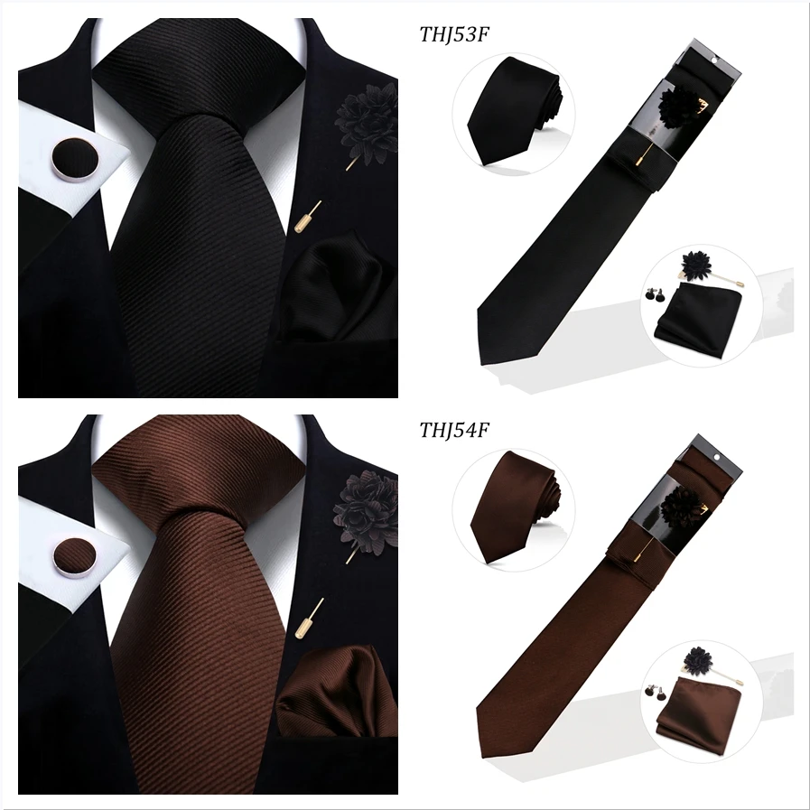 Einfarbiges Krawattenset für Herren, Hochzeitsgeschenk, Krawattenset mit Einstecktuch, Brosche, Manschettenknöpfe, Herren-Accessoires, hochwertige Krawatte – Detail 16