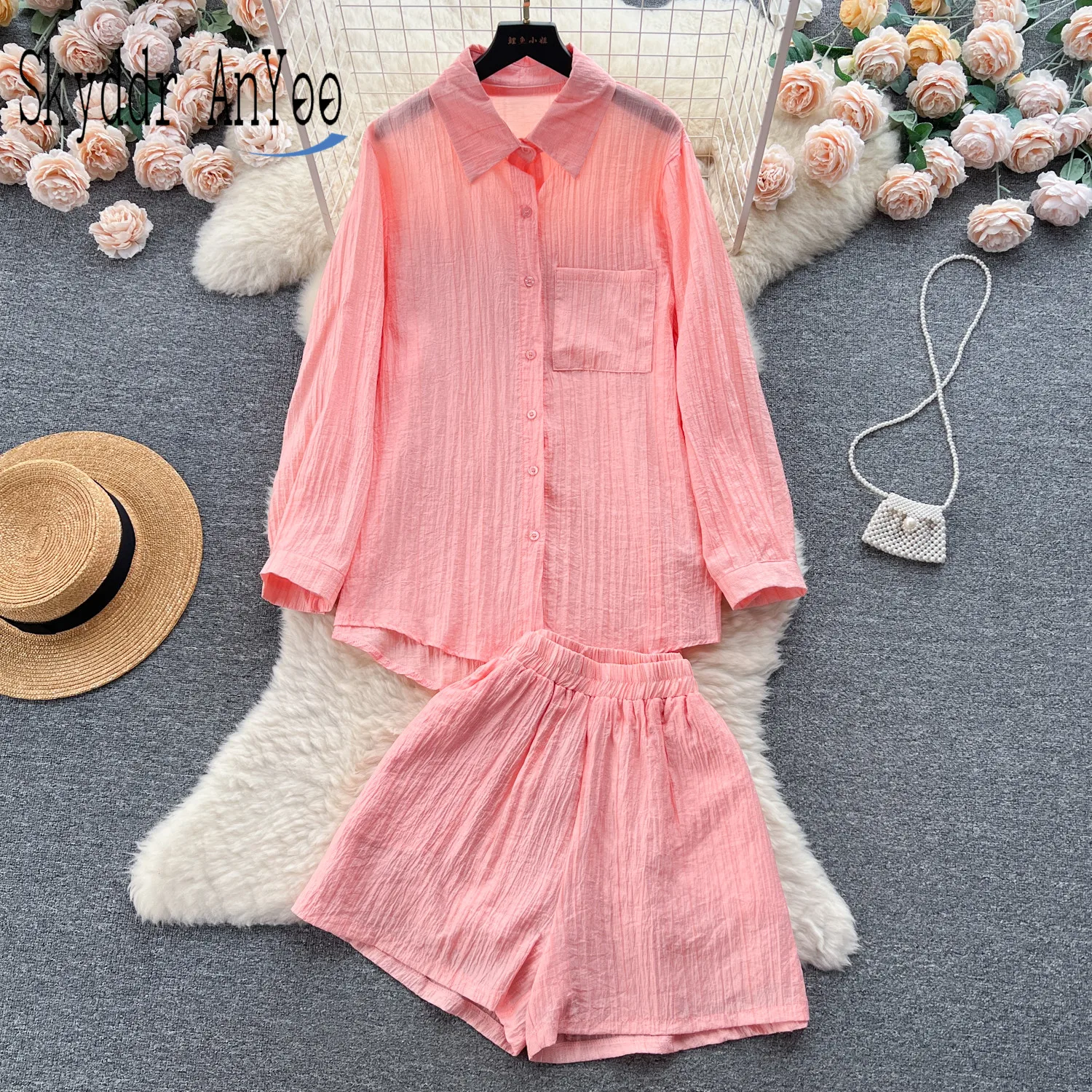 

Two Piece Set Women's Summer Suit Thin Casual Loose Long Sleeve Blouse Tops And High Waist Wide Leg Short New In Matching Sets