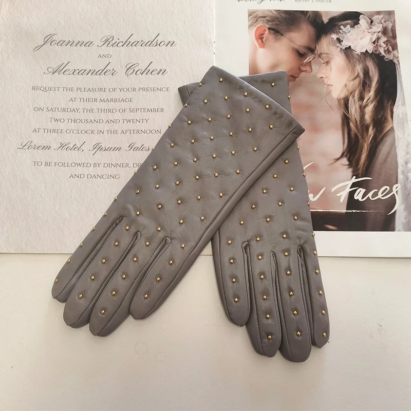 New winter women's sheepskin gloves with touch screen and warm velvet rivet style genuine leather gloves