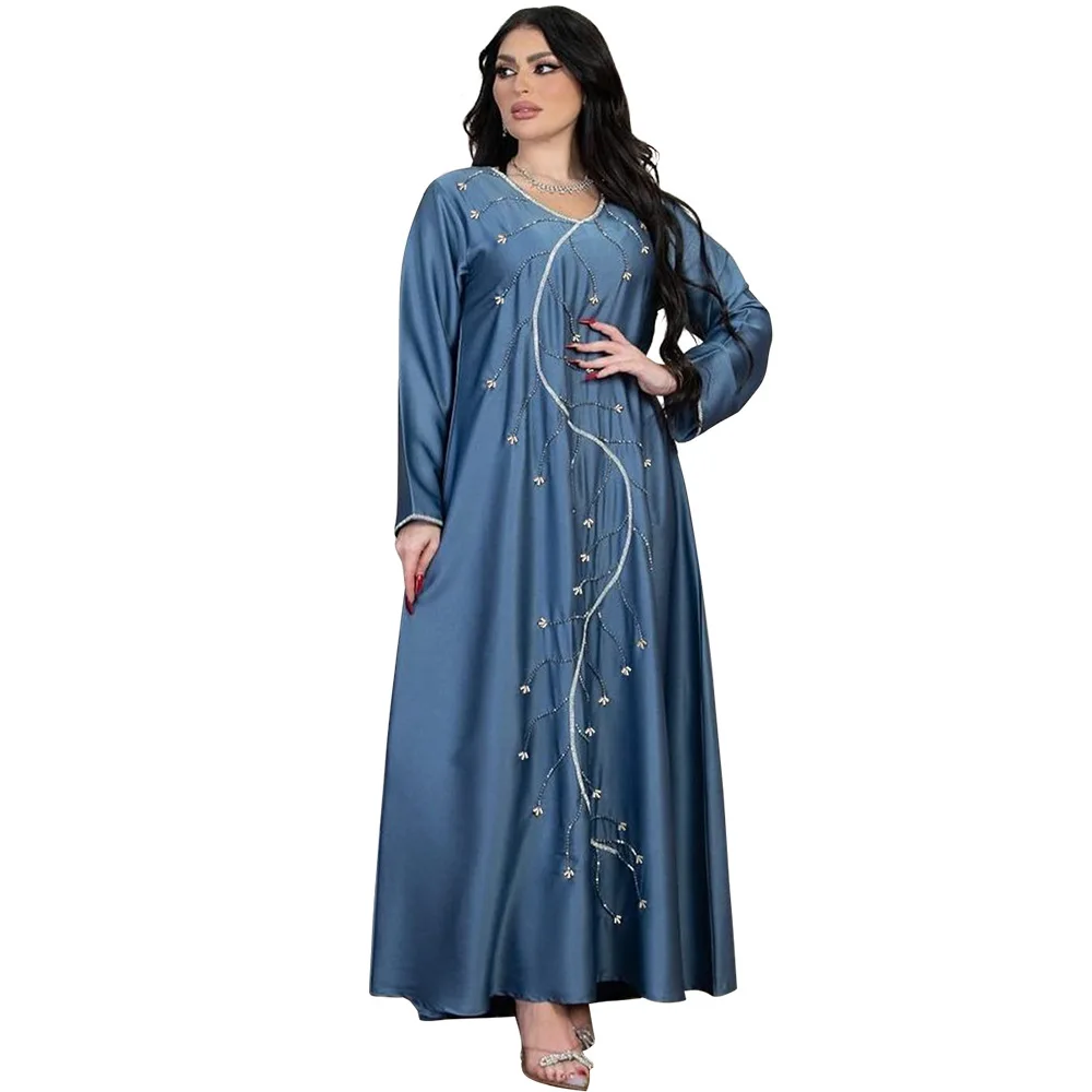 

Muslim Fashion 2023 Spring Summer Muslim Long Sleeve Purple Green Blue Polyester Long Abaya Maxi Dress Muslim Dresses Women