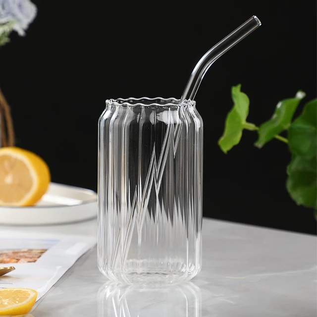 550ml Stripe Glass Cups With Lids and Glass Straws Ribbed Tumbler