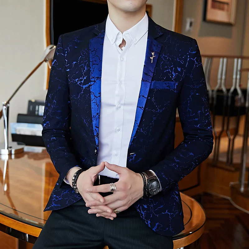 

2024 Autumn New Pattern Small Suit Men's Slim Barber Jacket Trendy Blue