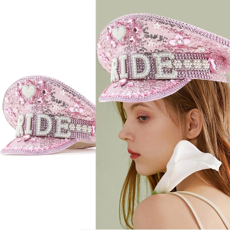 

Lady Sergeant Cap with Rhinestone Bridal Shower Hat Bachelorette Party Letter Bride Hat Night Club Captain Hat Headdress