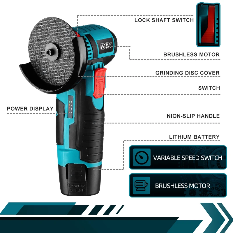 VAYE Mini Angle Grinder 12V Cordless Polishing Machine Cutting Portable Polisher Saw Blade Home DIY Power Tool