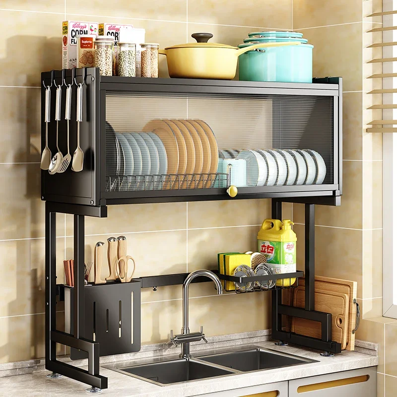 Sink Storage Shelf with Cabinet Door Dustproof Multifunctional Countertop Retractable Dish Rack Bathroom Estanterías