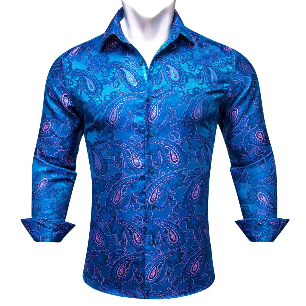 Luxury Blue Shirts for Men Silk Embroidered Paisley Flower Long Sleeve Slim FIT Male Blouses Casual Tops Lapel Cloth Barry Wang