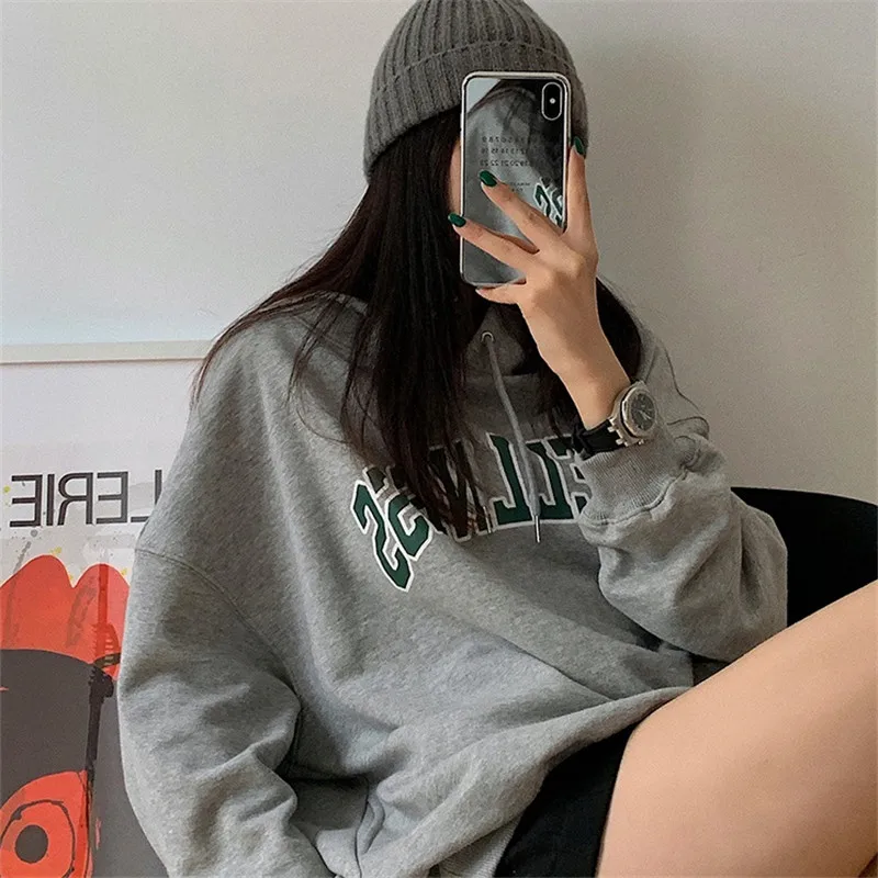 

Women Letter Print Gray Black Sweatshirt Thin Vintage Clothes Streetwear Casual Long Sleeve Pullover Oversize Hooded I714