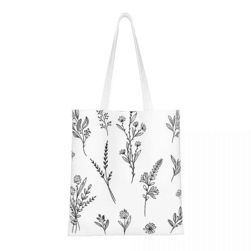 

Handdrawn Wildflower Stickers Shopping Bag Canvas The Tote Bag Shopping Bags Foldable Ladies Shoulder Casual Tote Travel Handbag