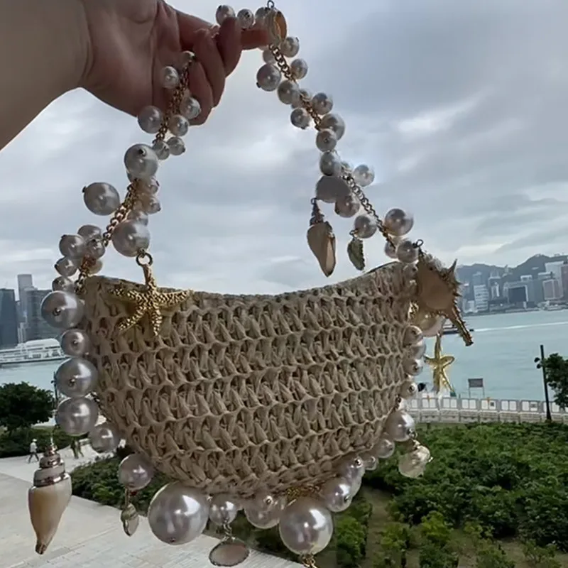 Pearl Conch Grass Woven Bag Handheld Beach Vacation Women's purse Cell phone Bag