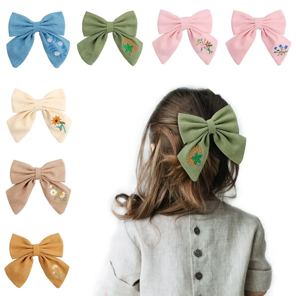 60pc lot new 3 6inch cotton hair bow hair clips girl embroidery hair bow nylon headband baby girls floral print hairpins child 30pc/lot New 5