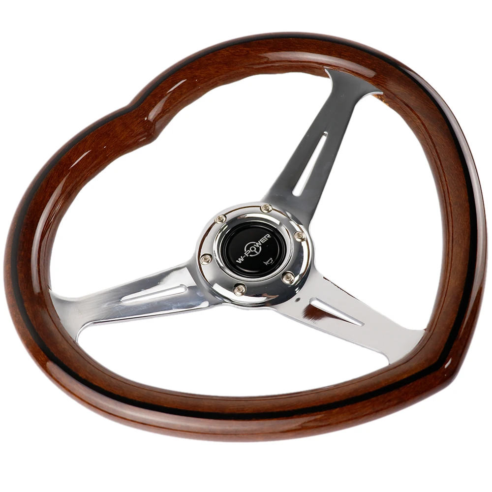 

340mm Heart Shape Solid Wooden Chrome Frame Steering Wheel