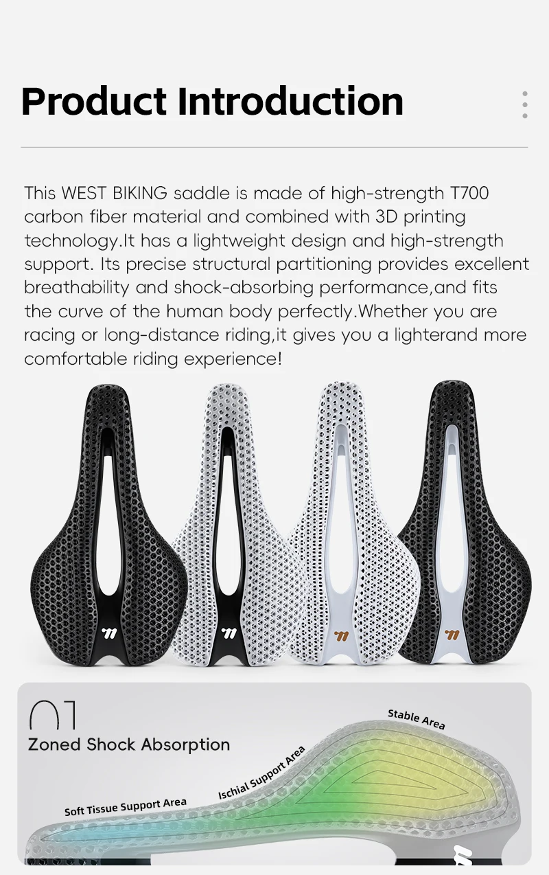 WEST BIKING Full T700 Carbon Fiber Weißer Fahrradsattel 3D-gedruckter Zoned Shock Absorbing Honeycomb Resin Seat Rennradsattel – Detail 2