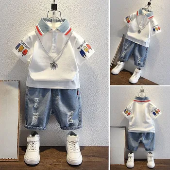 2-10 Years Kids Boys Clothes Set Summer Short Sleeve Cartoon Print Lapel T-shirt And Denim Shorts 2PCS Children Tracksuit Outfit 1