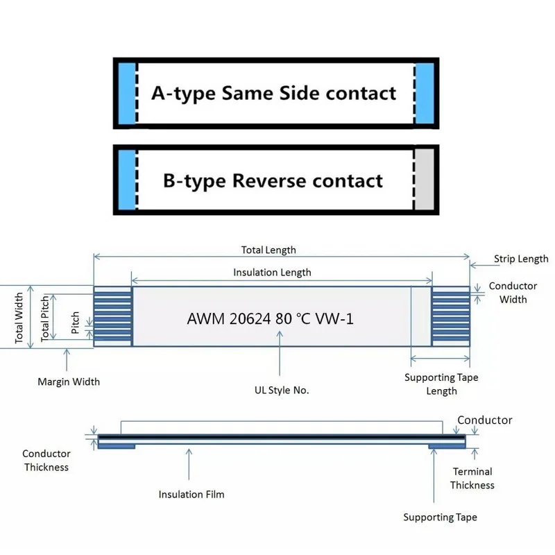 4/5/6/7/8/9/10 Pin 0.5mm FFC Cable FPC Flexible Flat Cable Type A B AWM 20624 80C 60V VW-1 200cm
