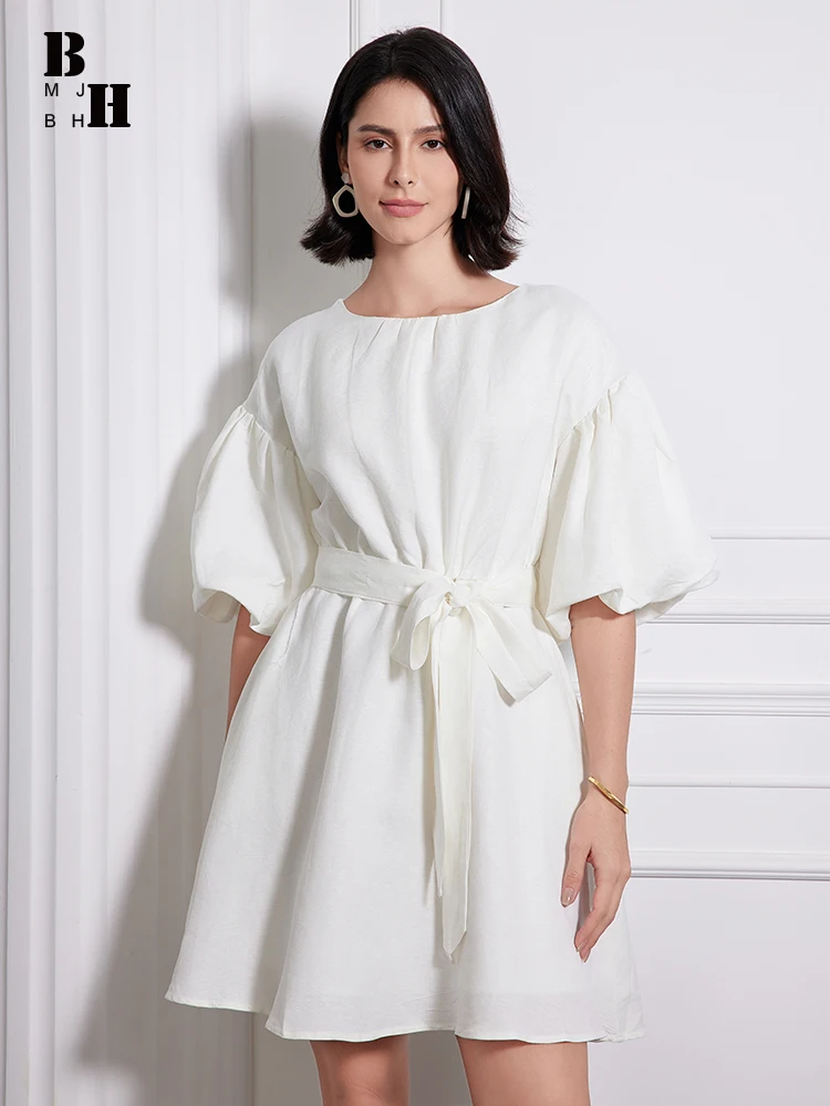 

New Elegant Summer Breathable Comfortable Cotton Linen Short A-Line Dress Women Clothes Casual O-Neck Belt Mini Vestidos Fashion