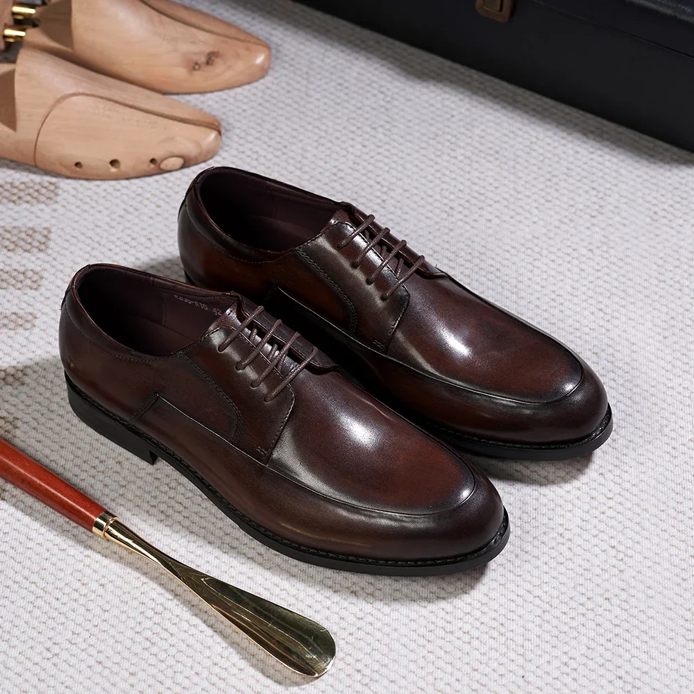 Italian Style Men Derby Shoes Handmade Genuine Leather Plain Toe Lace-Up Business Office Wedding Formal Dress Shoes for Men
