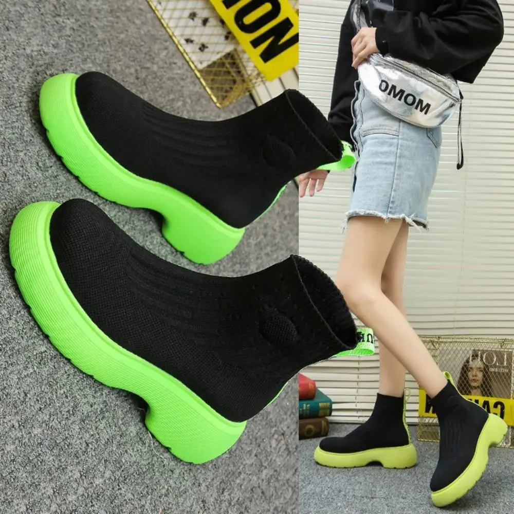 

Thick-soled Women's Boots 2022 Autumn New Large Size Candy-colored Bottom Fly Woven Fabric Breathable Mid-tube Women's Boots