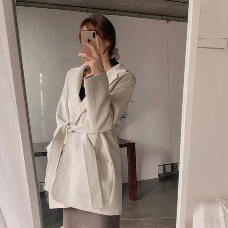 

Over Long Caramel Colour Blazer Woman Wool & Blend Jacket Clothes Outerwears Tweed Coats for Women Solid Trench Coat Dress White