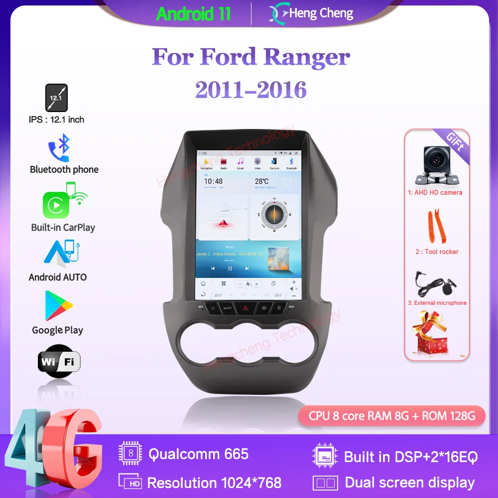 

Автомобильный мультимедийный видеоплеер 12,1 дюйма для Ford Ranger 2011-2016, GPS-навигация, радио, Android 128, 8 + 360 гб, 8-ядерный CarPlay, камера 4G