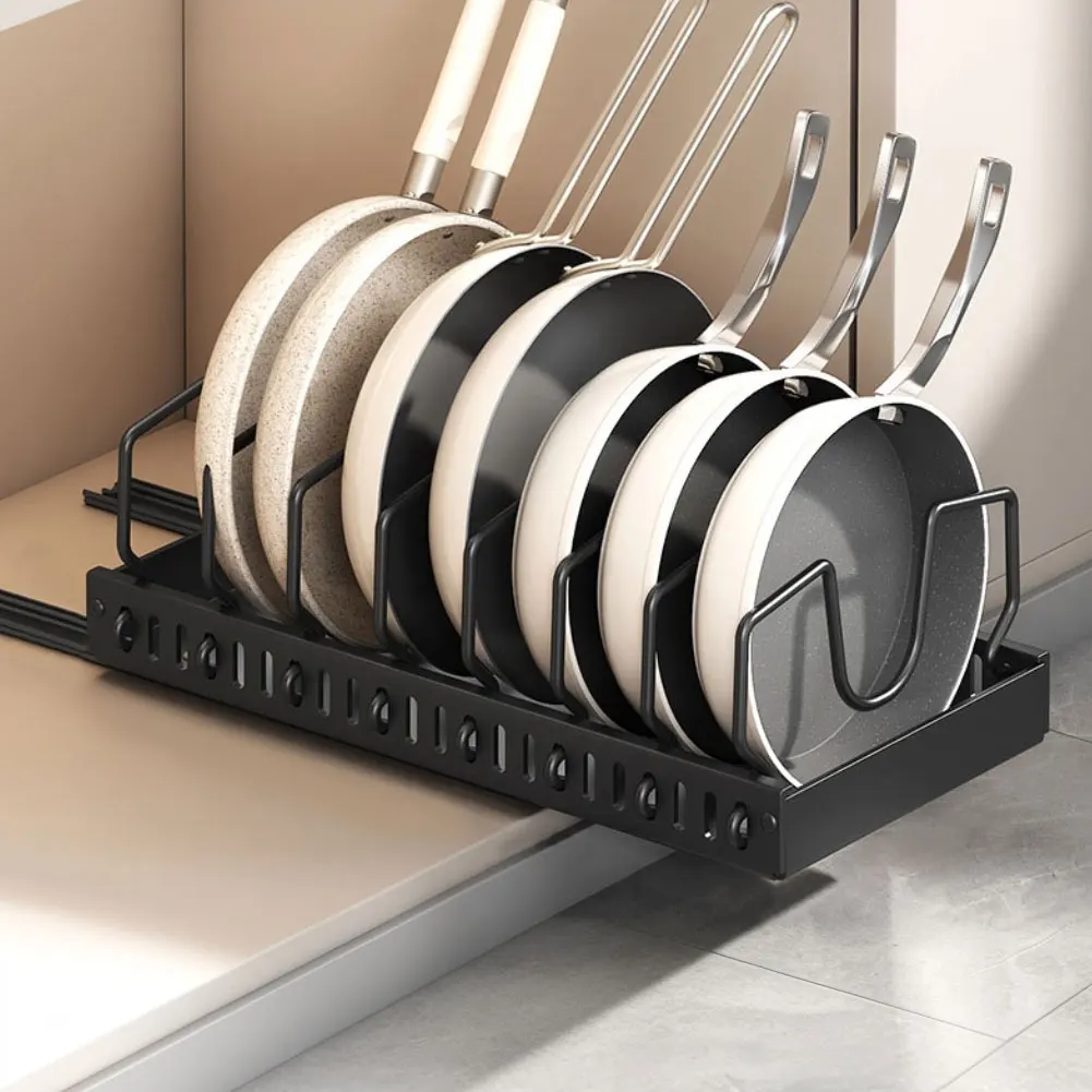 Kitchen Pots Pans Organizer Sliding Lid Holder Pan Rack Slide Out Pot Pan Organizer for Pot Lid Bakeware Dishes