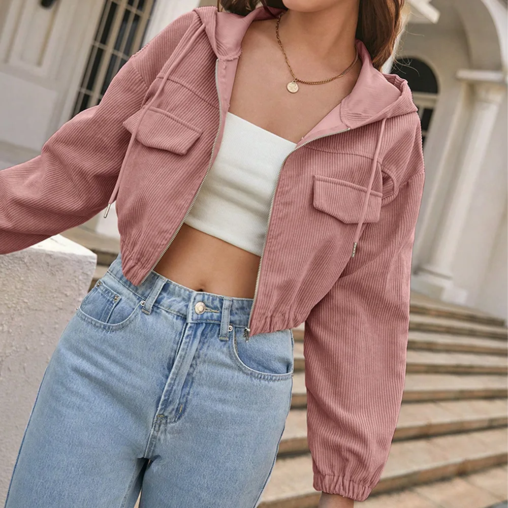 

Solid Color Loose Hooded Jacket 2024 Spring and Autumn Women's New Jackets Short Zippered Pocket Vintage Top