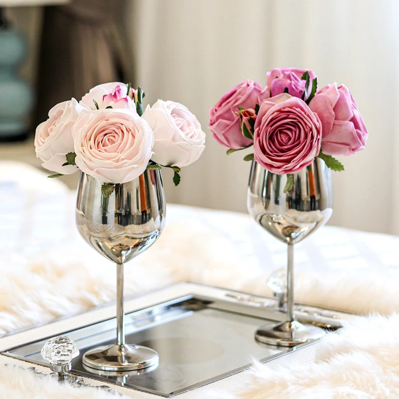 1 SET ,Real Touch Rose + Glass Goblet Vase Set Artificial Flower Vase