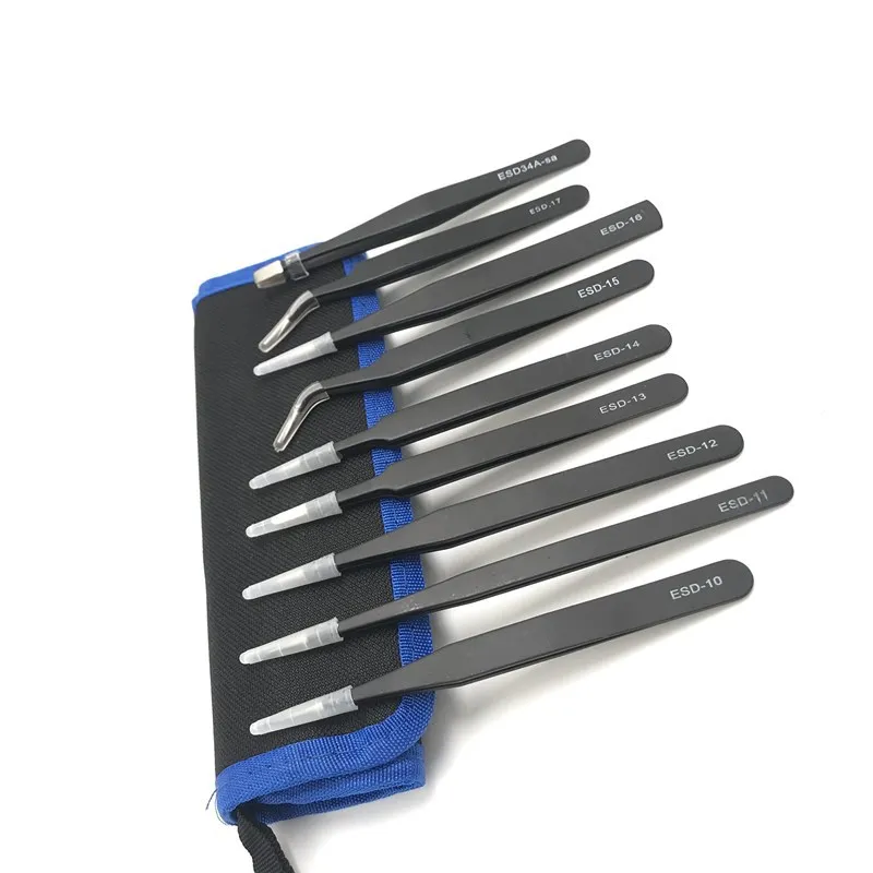

9 шт., антистатические черные пинцеты из нержавеющей стали
