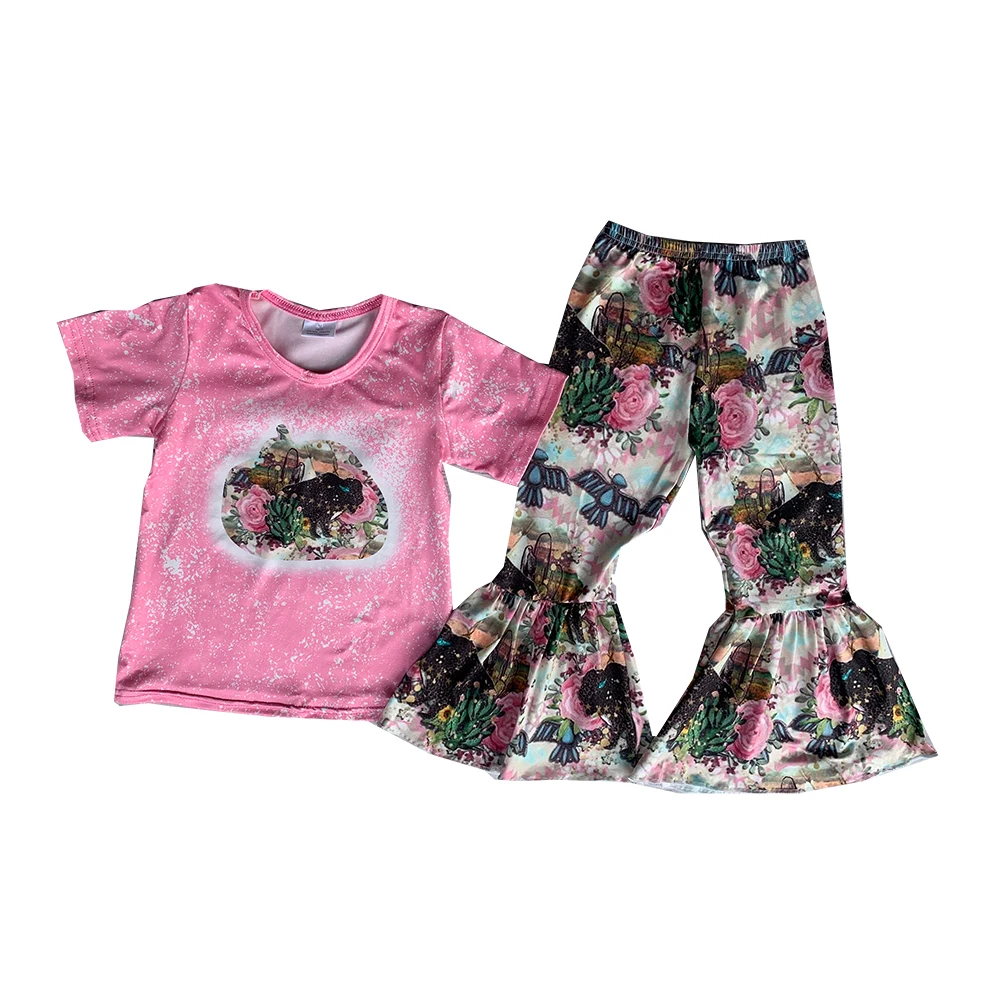 

Toddler Girls Western Outfit Short Sleeves Pink Tee Shirt Cow Print Bell Bottom Pants Wholesale Children Clothes